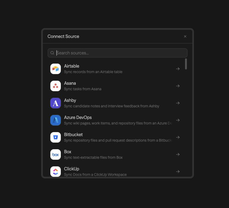 The current Connect Source picker showing searchable connectors including Airtable, Asana, Ashby, Azure DevOps, Bitbucket, Box, and ClickUp