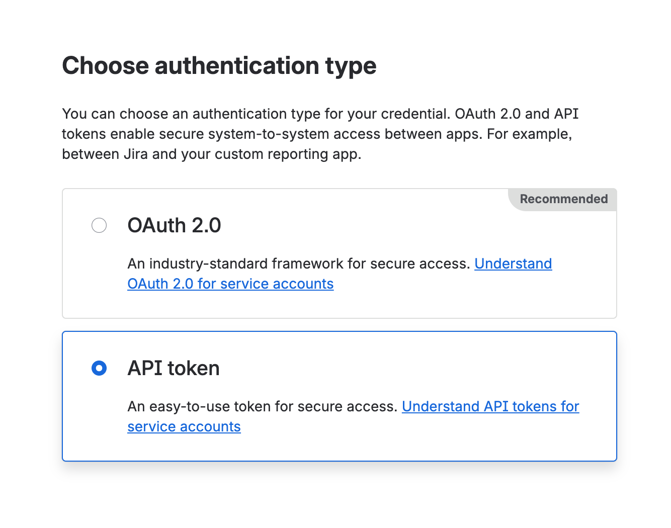 Atlassian Administration authentication selector with API token selected
