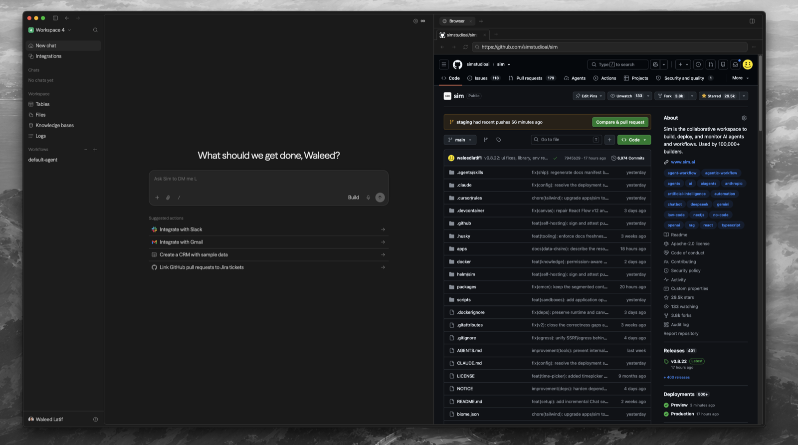 Sim Desktop — Chat on the left, the built-in browser on the right