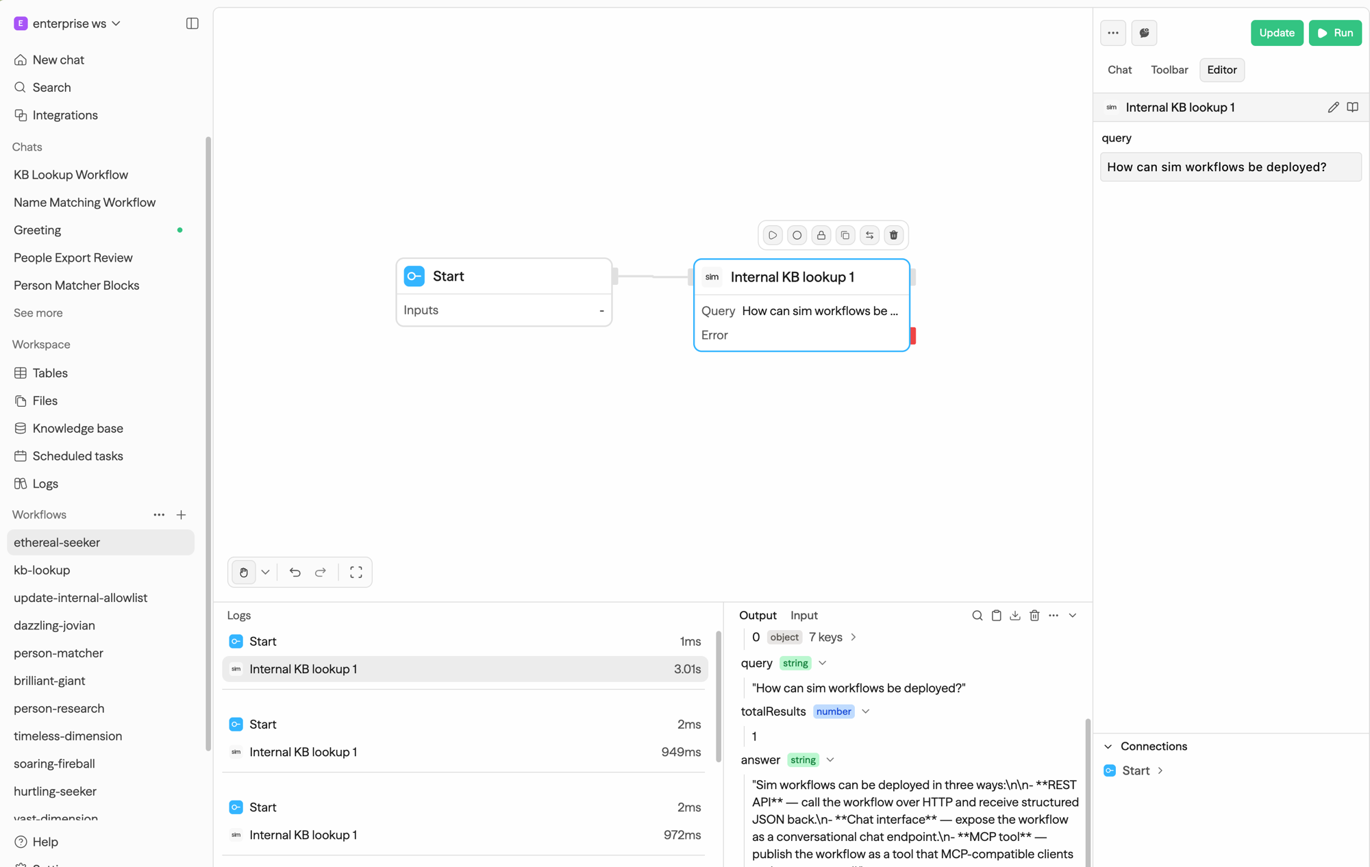 A custom block connected to a Start block in the workflow editor, with its query input filled in and the run output showing the returned fields