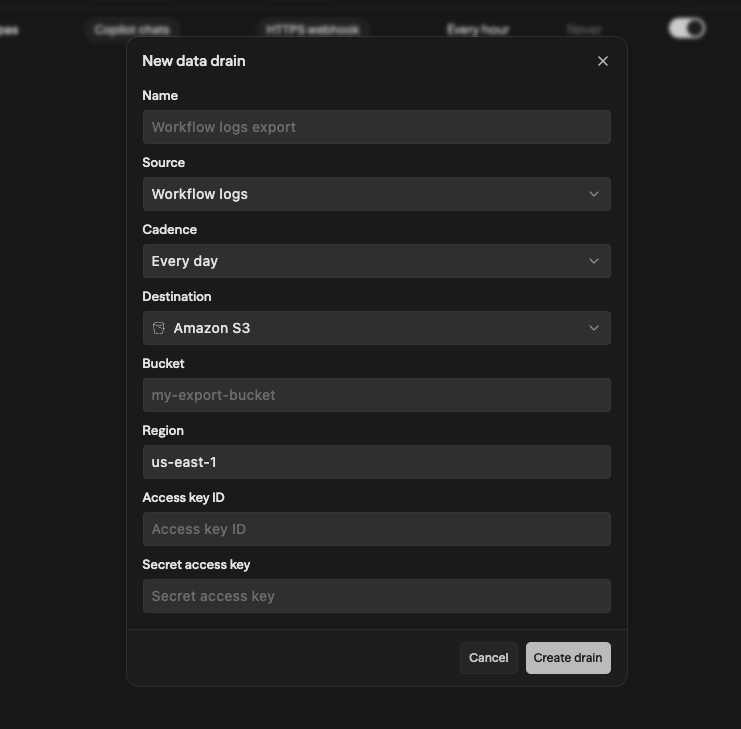Data Drains settings page showing two configured drains — one exporting workflow logs to Amazon S3 daily, another exporting Chat conversations to an HTTPS webhook hourly