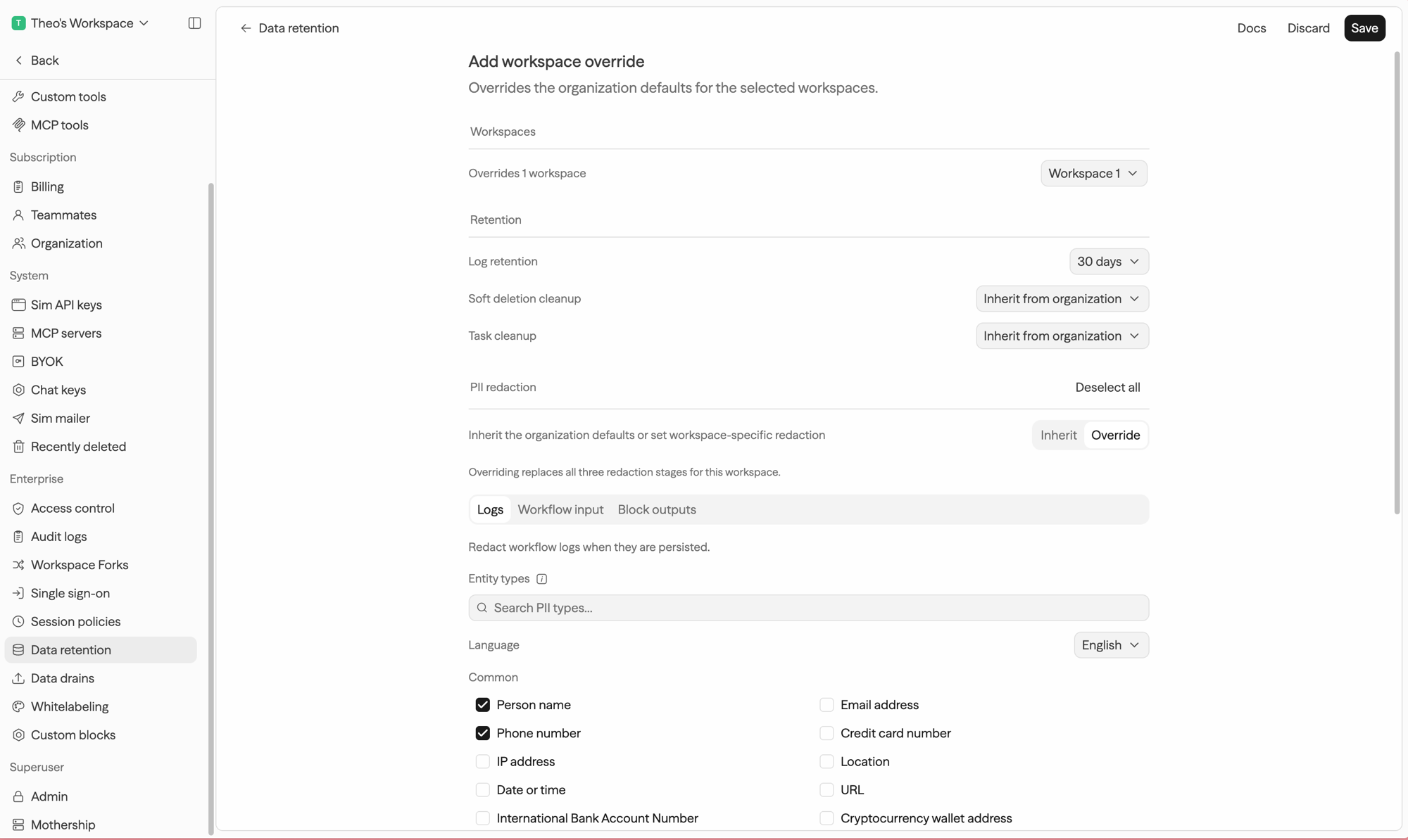 Add workspace override panel showing the workspace picker, retention fields set to Inherit from organization, and the PII redaction Inherit or Override switch