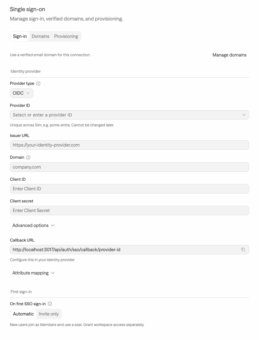 Sign-in tab showing the OIDC configuration form with advanced options collapsed