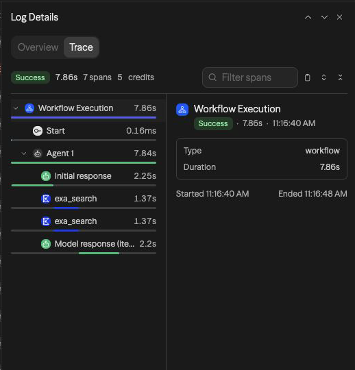 The current Log Details Trace tab showing workflow, agent, model, and tool spans with their durations