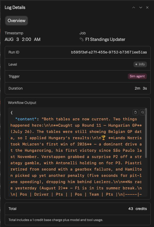 The current Log Details sidebar with run metadata, output, and credit total