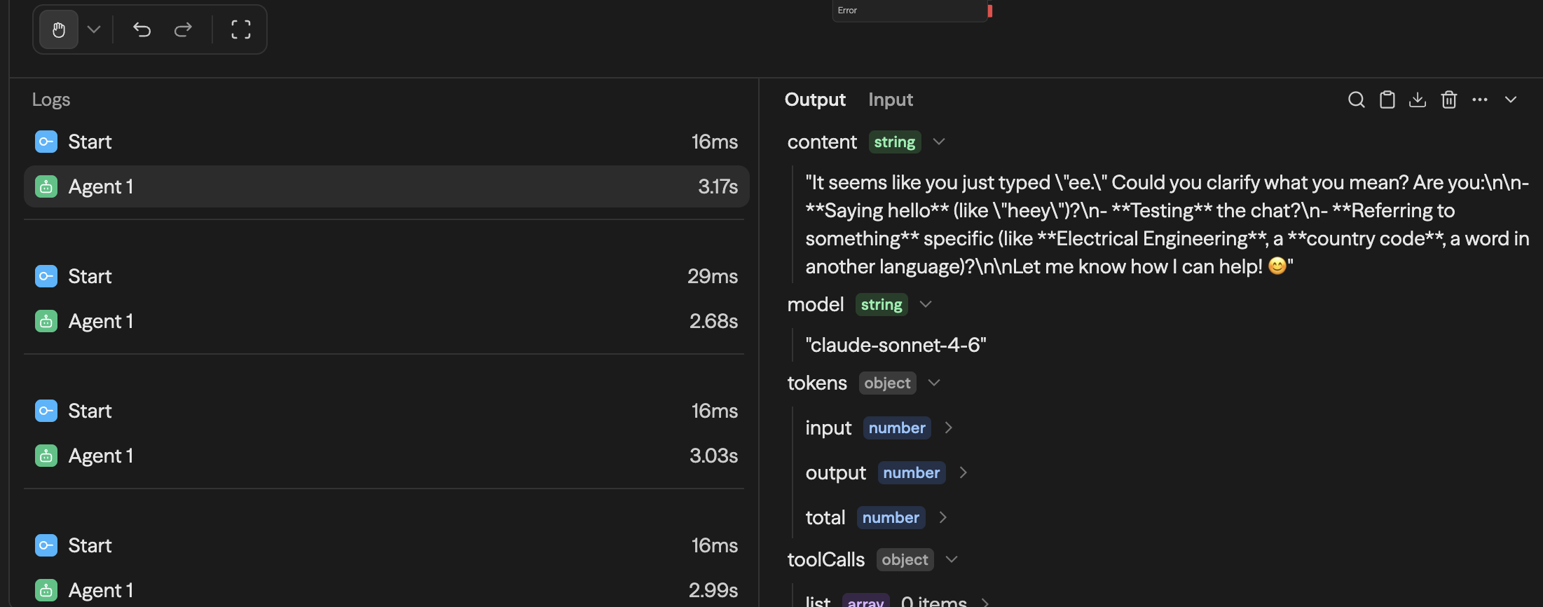 The editor's run console: blocks with their durations on the left, and the selected Agent's Output tab showing content, model, and tokens as a typed tree