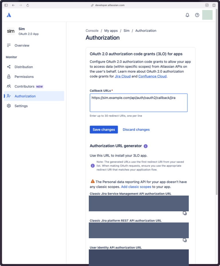 Atlassian OAuth Authorization form with an example Sim Jira callback URL