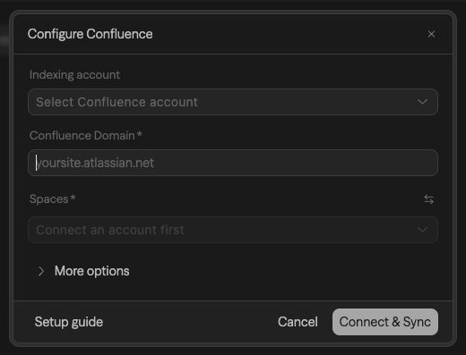 Confluence central source setup with an indexing account, domain, and spaces
