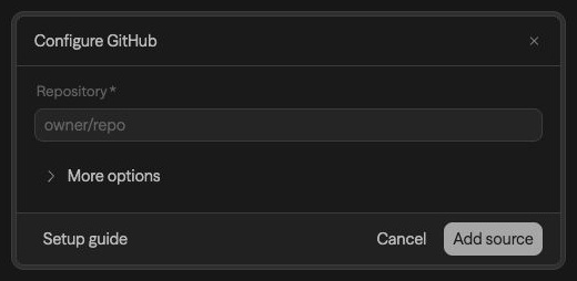 GitHub source setup with a required Repository field and More options