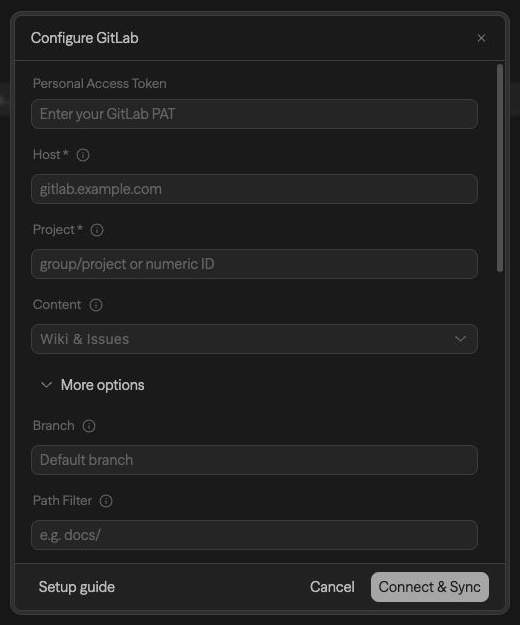 GitLab source setup with More options expanded for repository and issue filters, item limit, and metadata tags