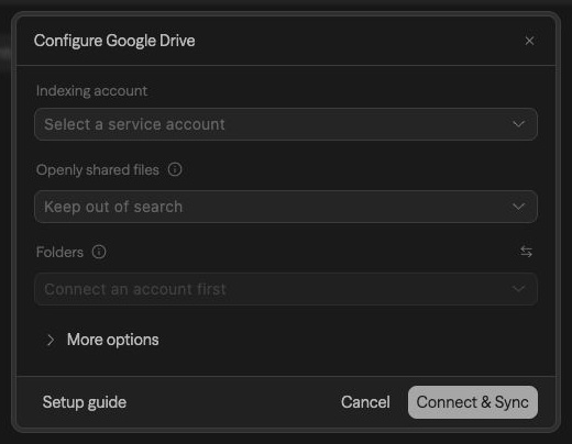 Google Drive central source setup with an indexing account, sharing policy, and folder scope