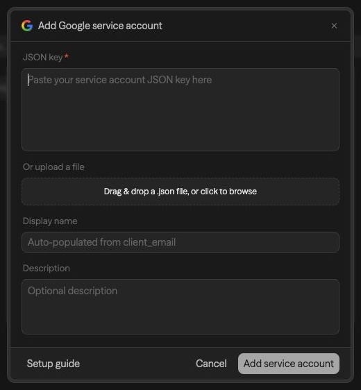 Add Google Service Account credential modal in Sim