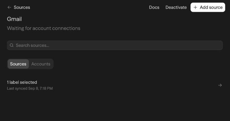Integration detail with Sources and Accounts tabs and a nested source list