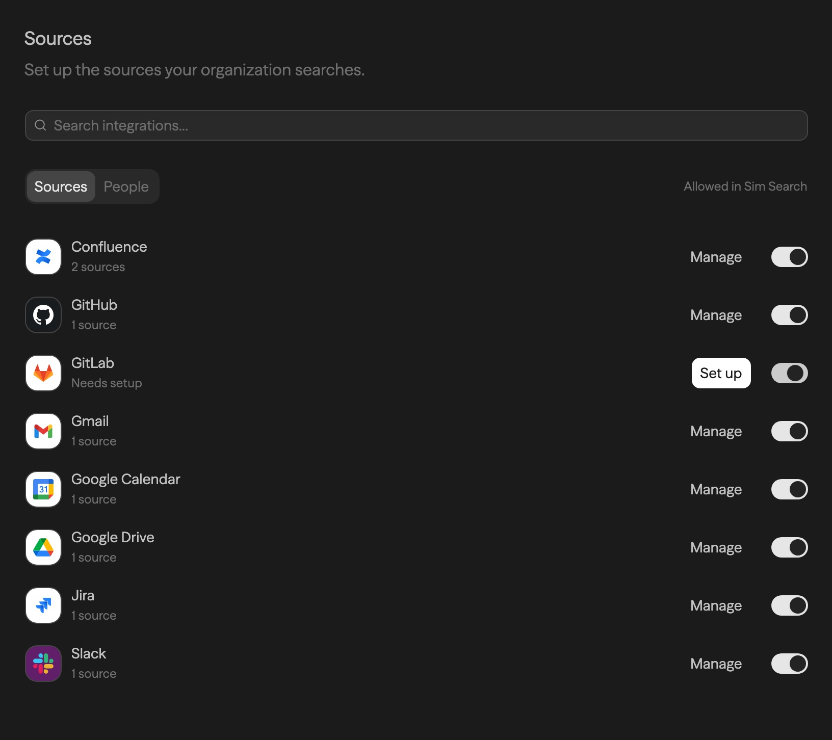 Organization Sources settings with Allowed in Sim Search switches and separate Set up and Manage actions