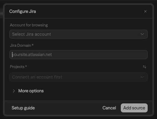 Jira source setup with an account for browsing and required site and project fields