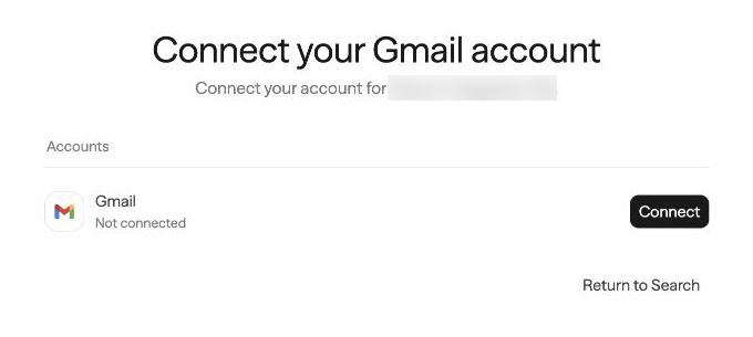 Gmail account connection with Connect and Return to Search actions