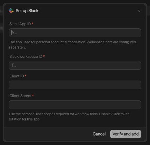 Slack app setup for Sim Search with application and client credential fields
