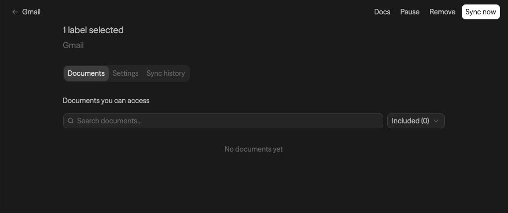 Empty source Documents tab with search and an Included status filter