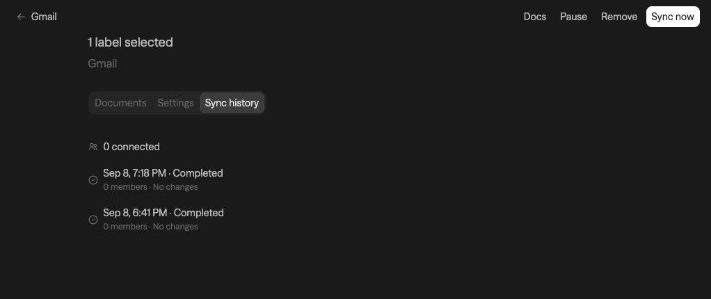 Source Sync history with no connected accounts or synced members