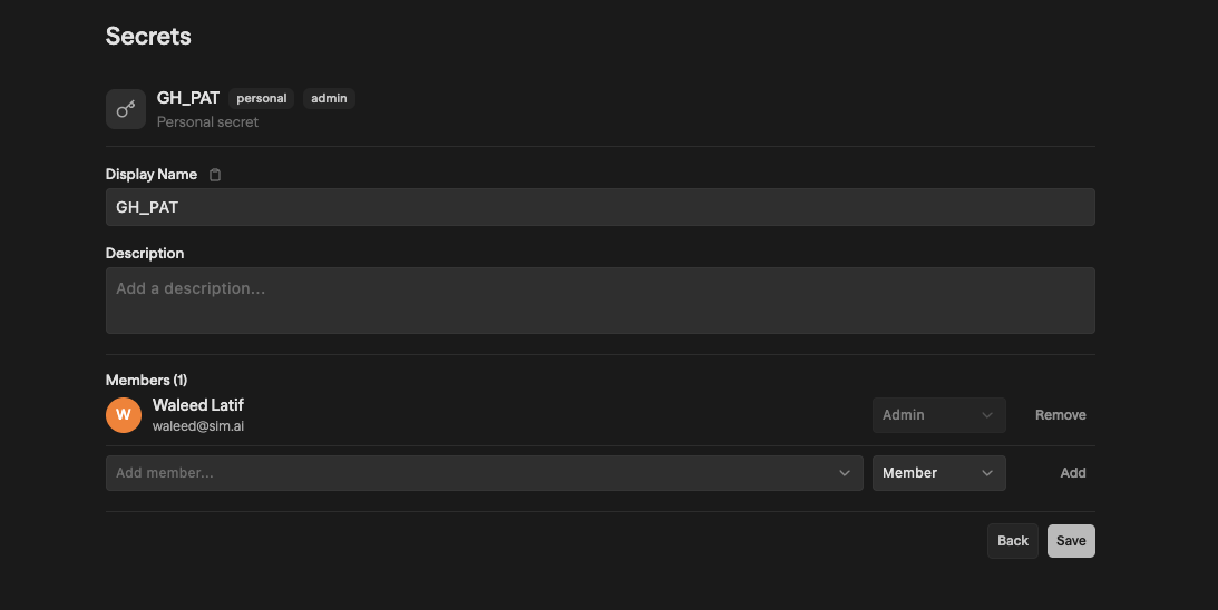 Secret details view showing Key, Value, Description, and Members sections