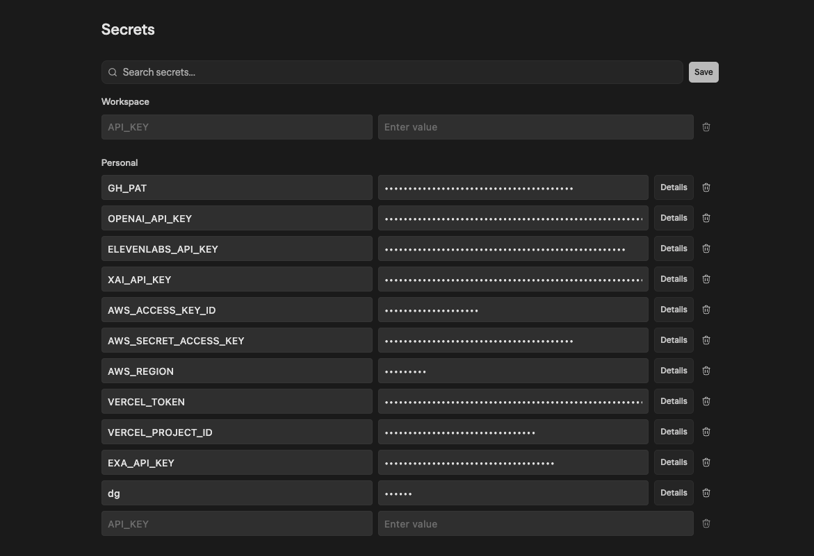 Secrets tab showing Workspace and Personal sections with inline key-value rows