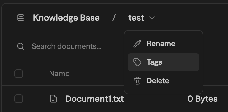 Knowledge base header showing the dropdown menu with Rename, Tags, and Delete options