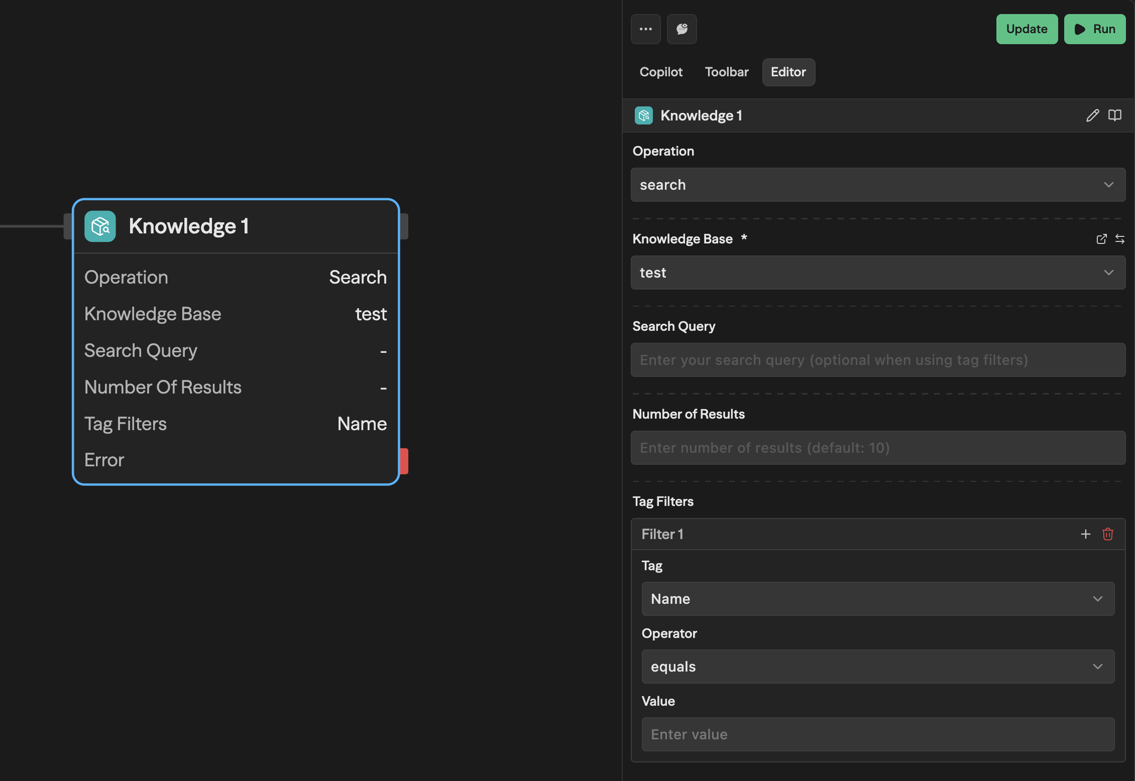 Knowledge block editor showing Operation: search, Knowledge Base: test, Search Query field (optional), Number of Results, and a Tag Filters section with Filter 1 containing Tag: Name, Operator: equals, and a Value field